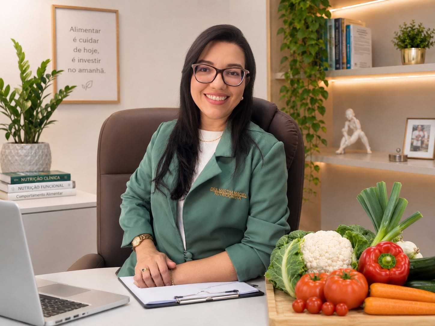 Martha Maciel em consulta, ao lado de alimentos frescos